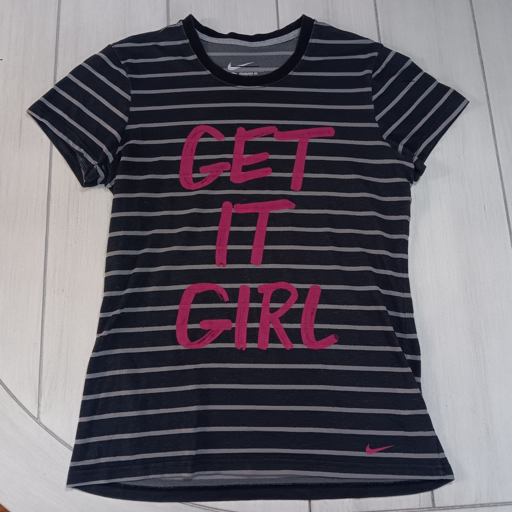 Women's Large Nike Tee with Pink 'Get It Girl' on Black and Gray Stripes